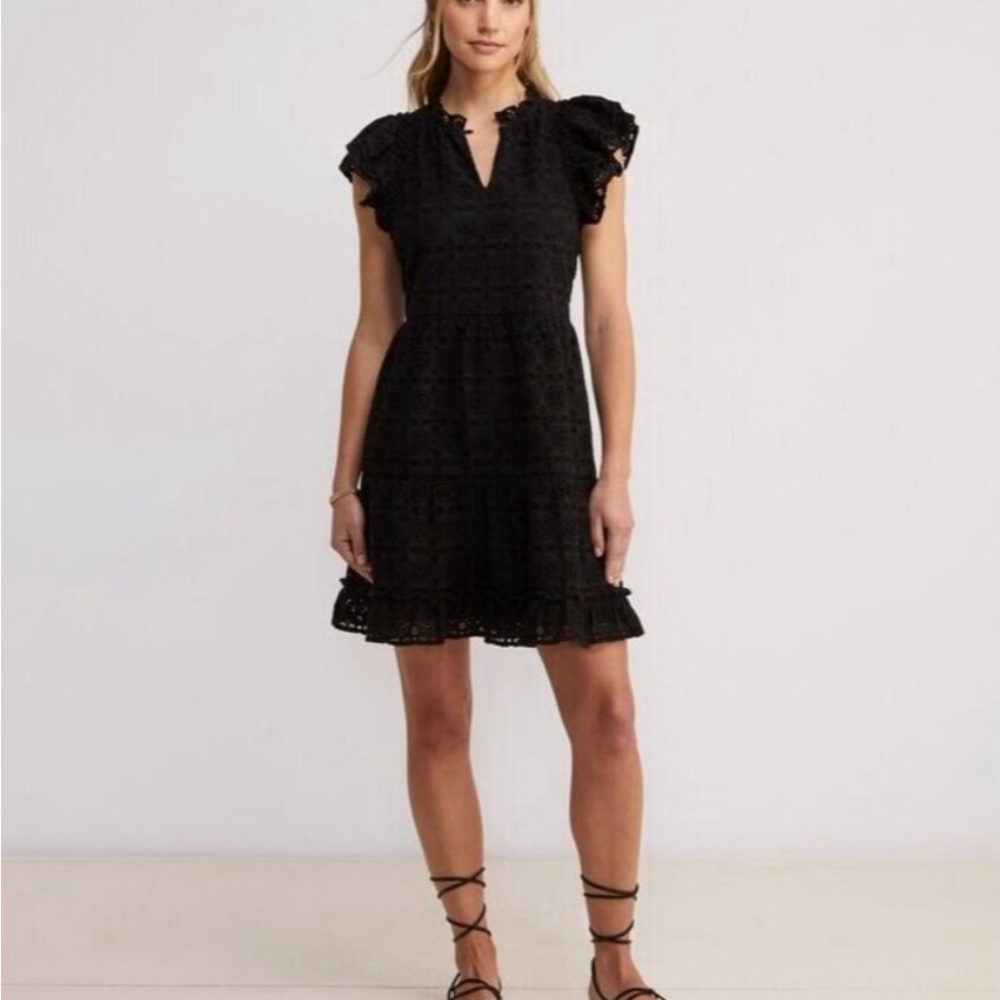 Vineyard Vines Womens Dress Size small Eyelet Ruffle Sleeves V-Neck Cotton Black